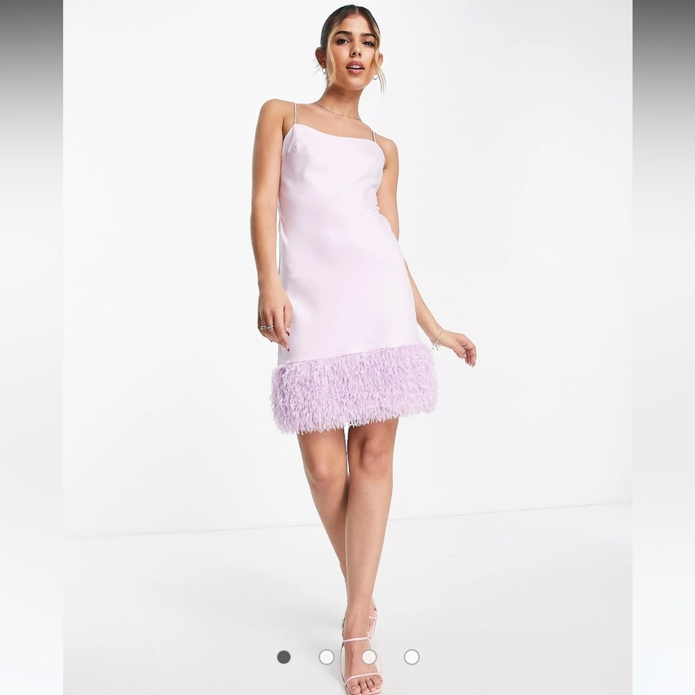 Lilac Satin faux feather hem slip dress